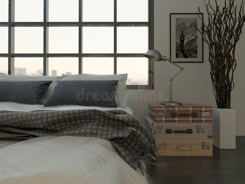 Bedroom Interior with Kingsize Bed Against Huge Window Stock