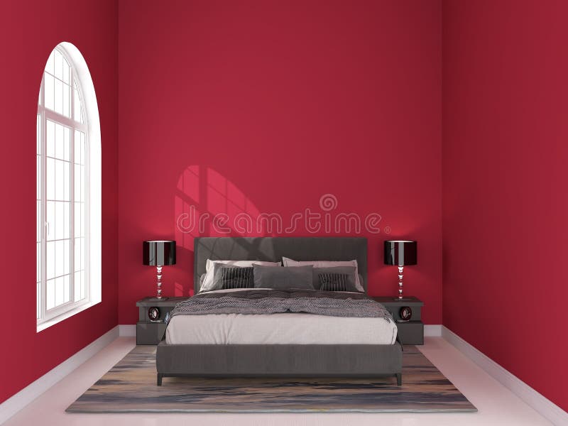 Bedroom Interior. Bedroom with Red Walls. AI Generative Stock