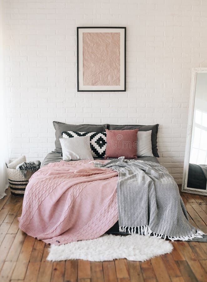 Bedroom Interior Rustic Loft Bed Blankets Decor Stock Image Image of