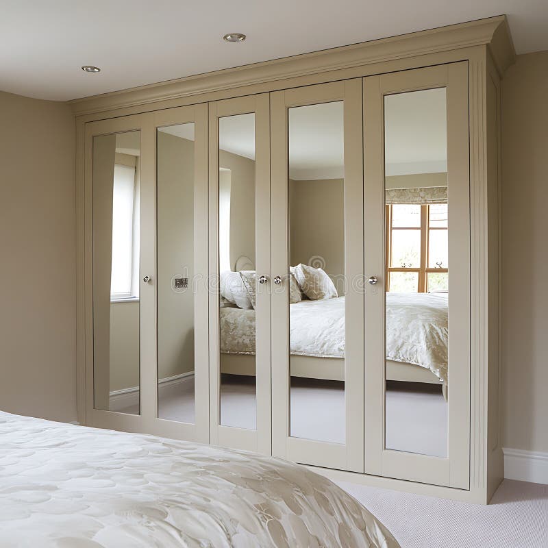 A bedroom with a large white dresser with five doors and a mirror royalty free stock image