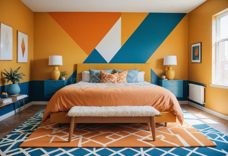 Bedroom with a large yellow bed, blue and orange geometric wall panels vector illustration