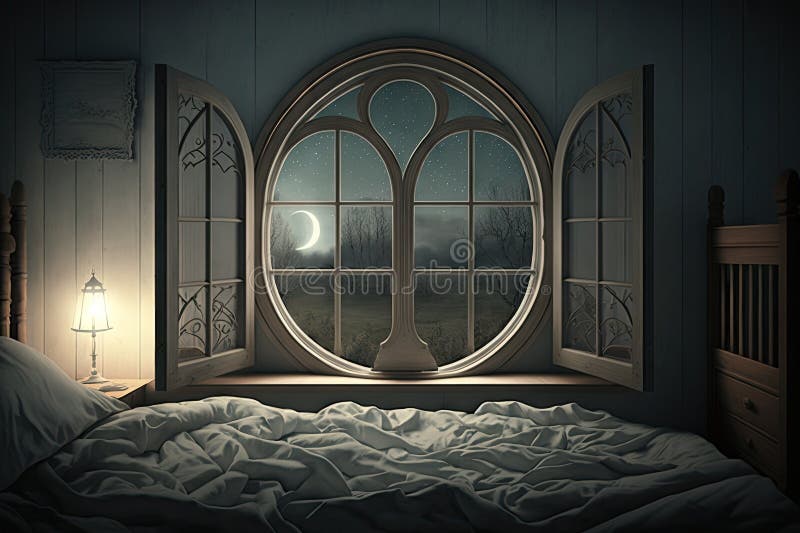 Bedroom, with Moonlight Shining through the Windows, Providing a Serene