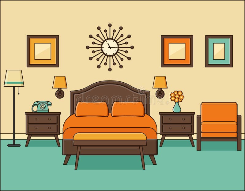 Bedroom Interior Hotel Room In Retro Design Vector