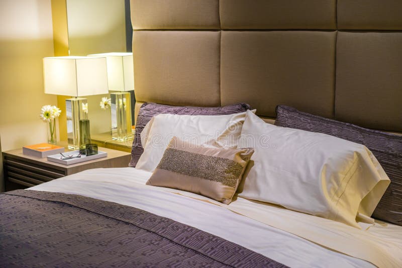 Bedroom sheets and pillows stock image. Image of cloth 80515679