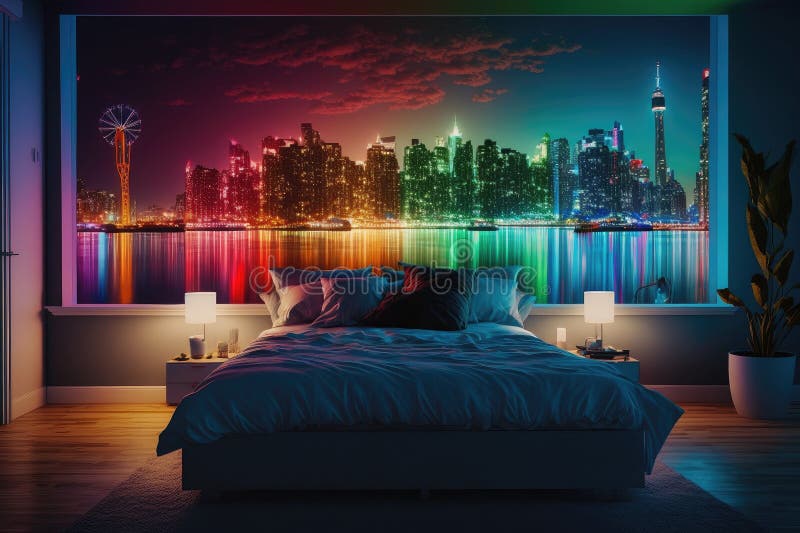 a bedroom with a view of the city skyline, featuring a stunning display of lights and colors