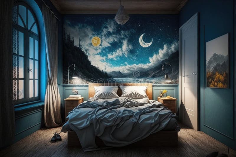 Bedroom, with View of the Starry Night Sky and Moon, Creating a Magical