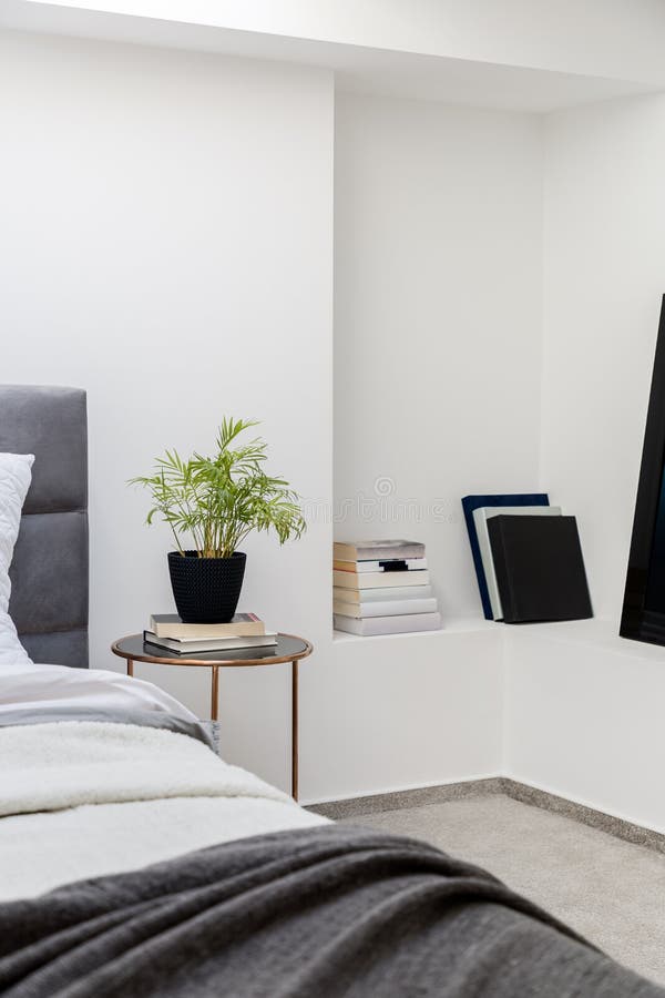 Bedroom with Wall Bookshelf Stock Image Image of cushion, decoration