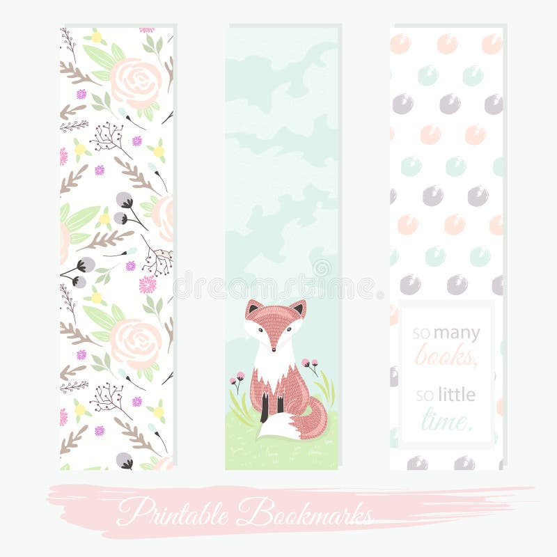 Bedruckbare Bookmarks mit Blumen, Fuchs und Tupfen stock abbildung Bedruckbare Bookmarks mit Blumen, Fuchs und Tupfen stock abbildung