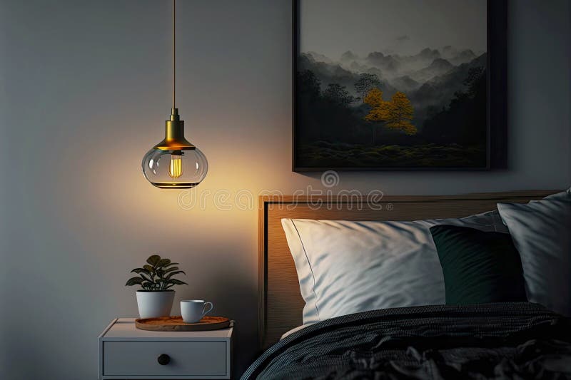 Bedside Lamp Hanging from Ceiling Above Bedside Table Stock Image
