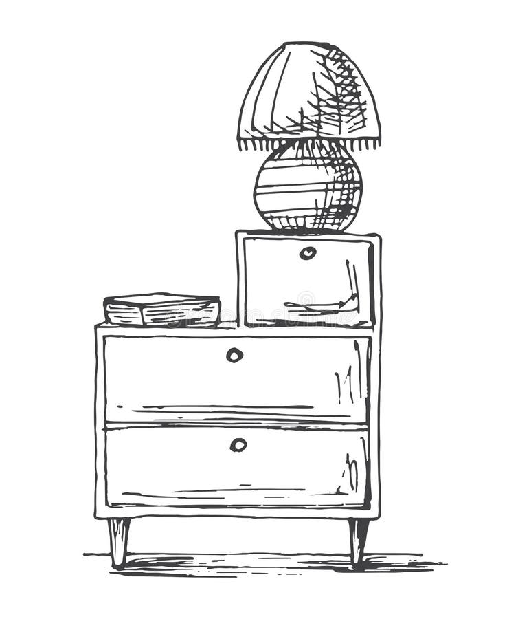 Bedside Table with a Lamp. Vector Illustration in Sketch Style Stock