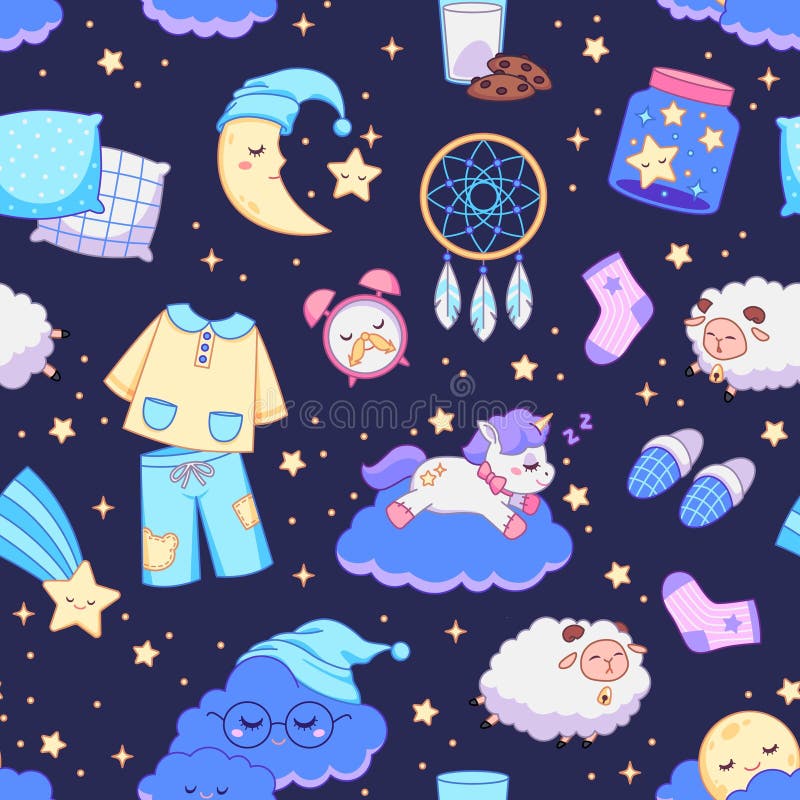 Bedtime elements seamless pattern. Sweet dream objects, repeated sleeping items, pajamas, lamb, stars, good night. Decor textile, wrapping paper, wallpaper. Print for fabric tidy vector background. Sweet lamb cartoon vectors