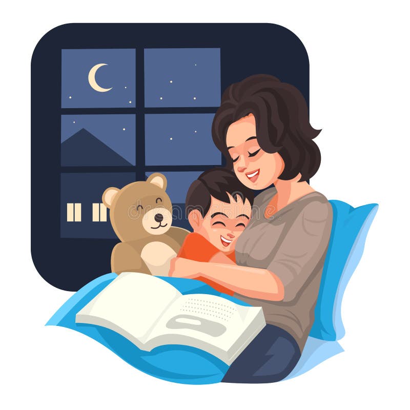 Mother tell story with her son at night, Vector illustration. Mother tell story with her son at night, Vector illustration.