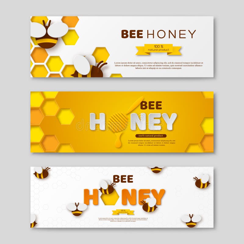 Bee honey horizontal banners with paper cut style letters, comb and bees, vector illustration.