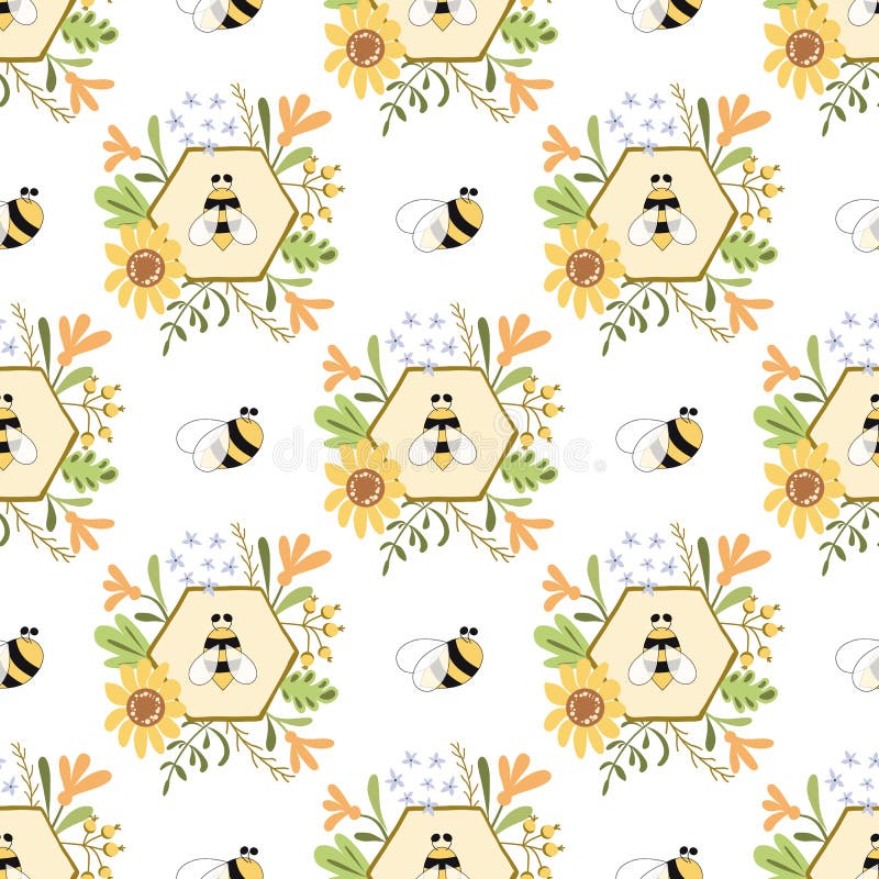 Bee honey seamless pattern Honeycomb floral yellow template background Fly bee flowers decorative illustration