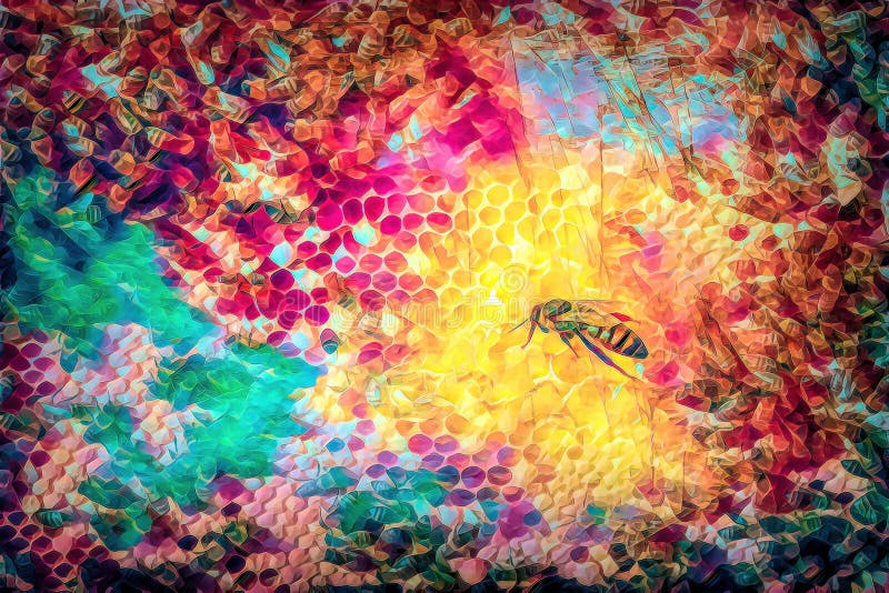 Bee honeycombs with honey and bees. Apiculture. Painting effect. royalty free stock image