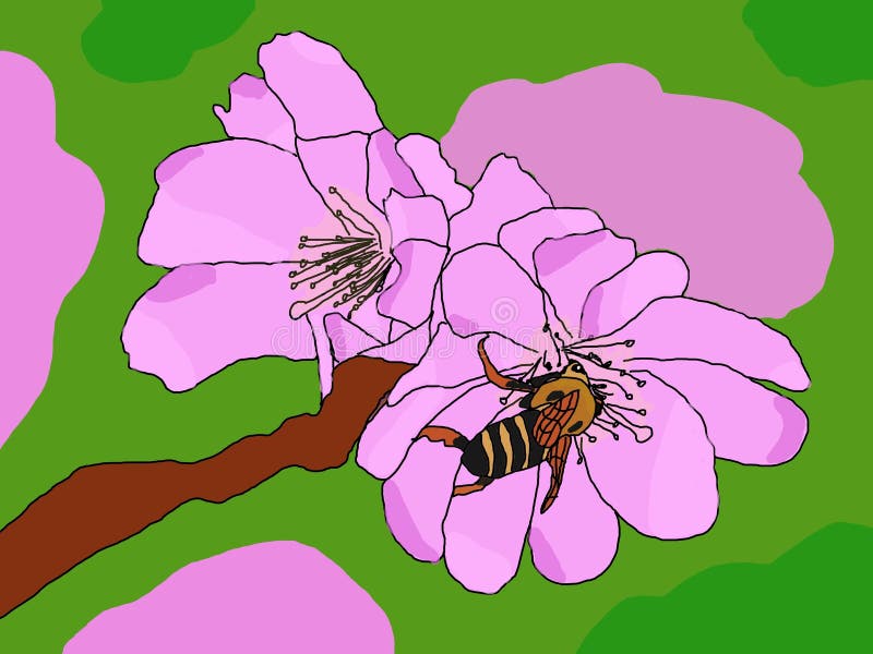 Bee pollinating tree blossom digital drawing vector illustration