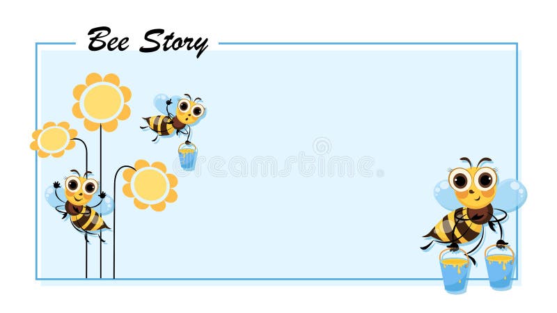 Bee Story. Flowers. Swarm of bees collects honey. Poster with cute cartoon characters.