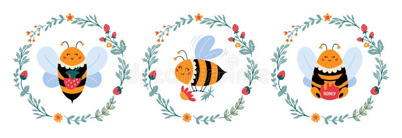 Bee vector set in cartoon style Cute bumblebee