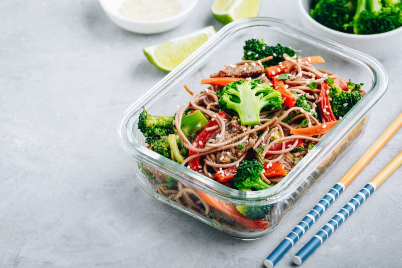 Beef Broccoli Noodles Stir Fry Meal Prep Lunch Box Container Stock