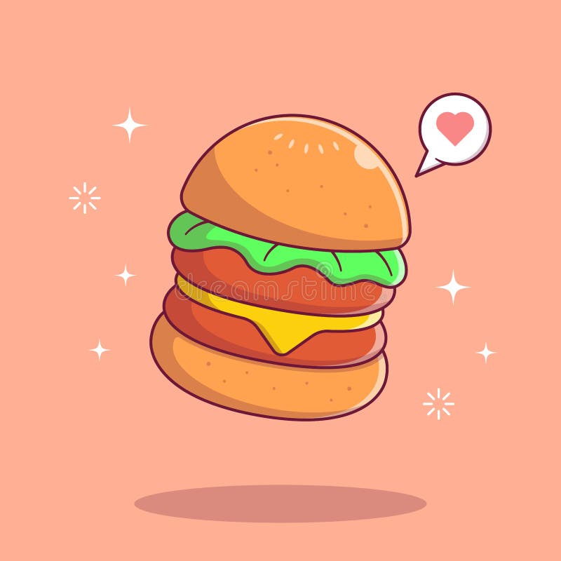 Beef Burger with Love Flat Cartoon Illustration Stock Vector