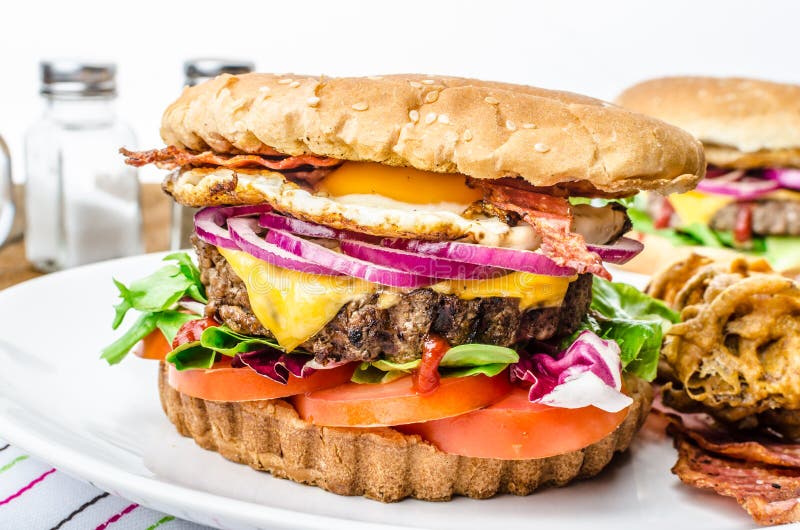 Beef Burger, Red Onion and Fried Egg Stock Image Image of delicious