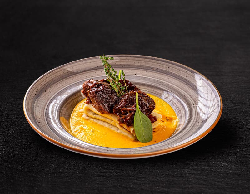 Beef cheeks and crepes stock image. Image of dinner 159332203