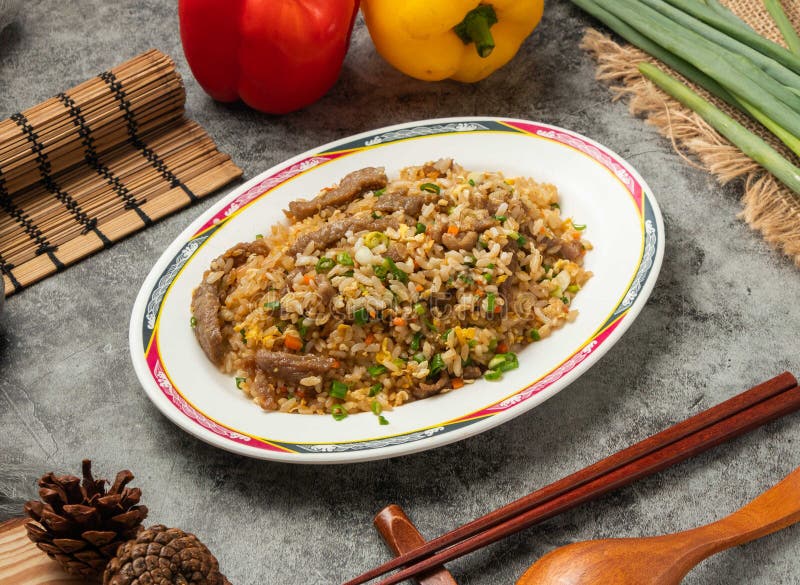 Beef and Egg Fried Rice Served in Dish Isolated Table Top View of