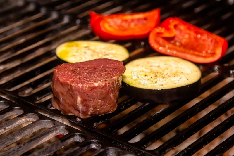 Beef, Eggplant and Sweet Pepper are Grilled on a Charcoal Grill Stock