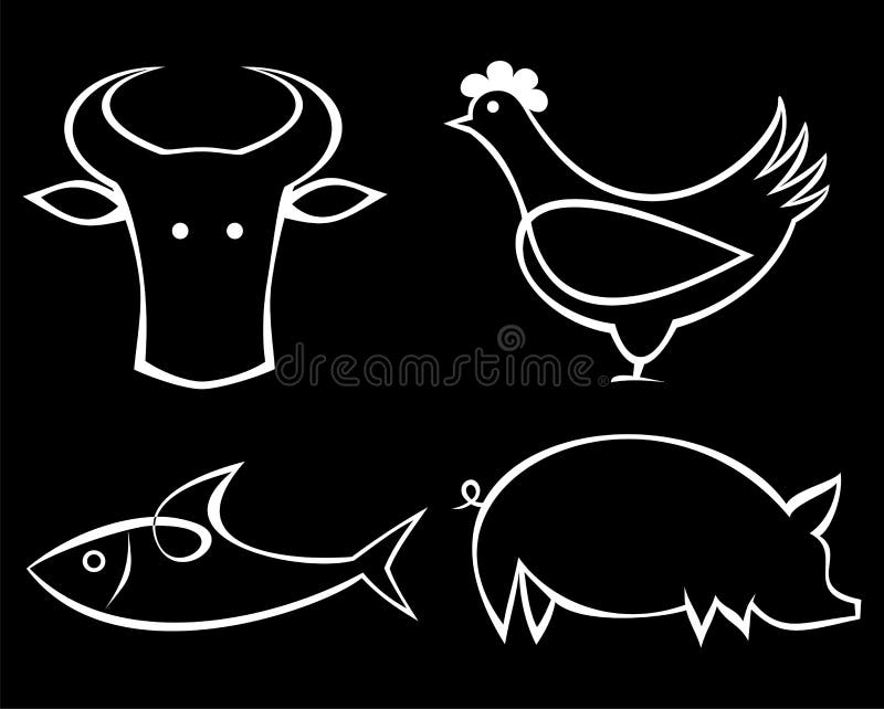 Beef, fish, chicken and pork - food icons.