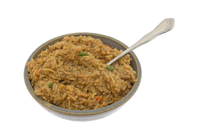 Beef Flavored Rice In A Bowl With A Fork Stock Photo - Image of garlic