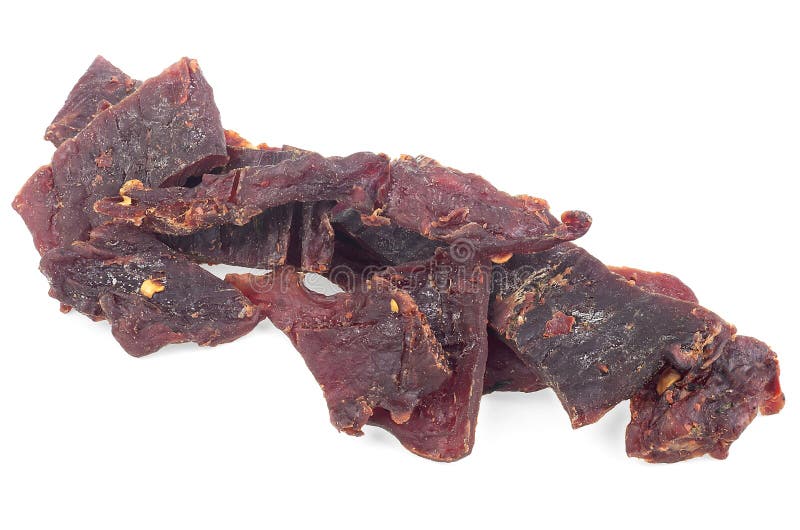 Beef Jerky Pieces Isolated on White Background. Portion of Dried Jerky