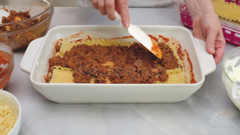 Beef Lasagna Step by Step Recipe. Layer of Fried Ground Meat Stock