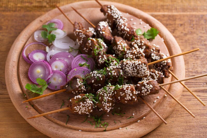 Beef Liver on Skewers with Sesame Seeds. Liver Kebab. Stock Image