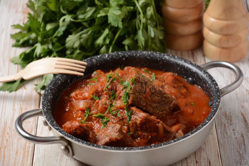 Beef Meat Stew. Overhead View Braised Beef Meat Stew in Tomato Sauce ...