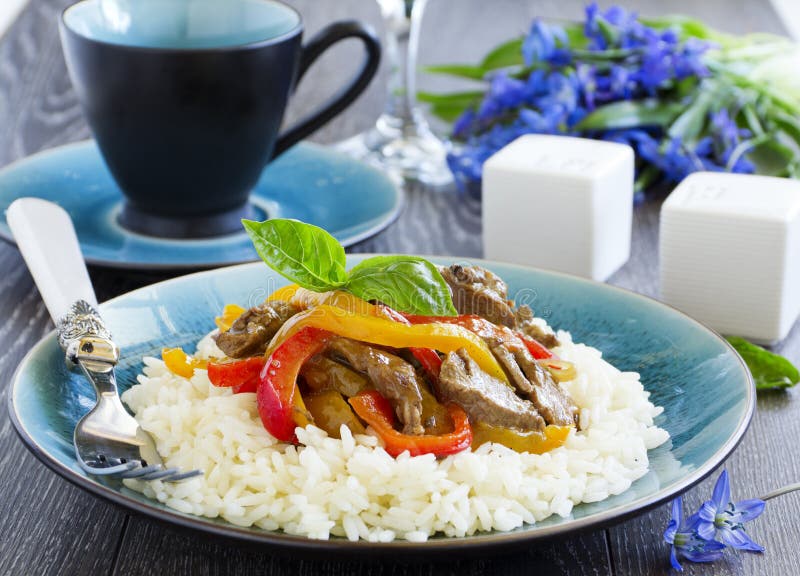 Beef with peppers and rice stock image. Image of chop - 39838137