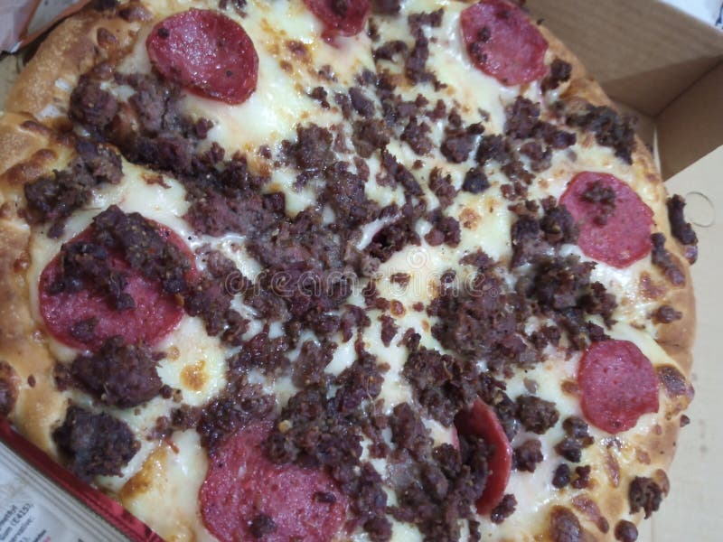 Beef pizza with pepperoni stock photo. Image of dairy 231651948