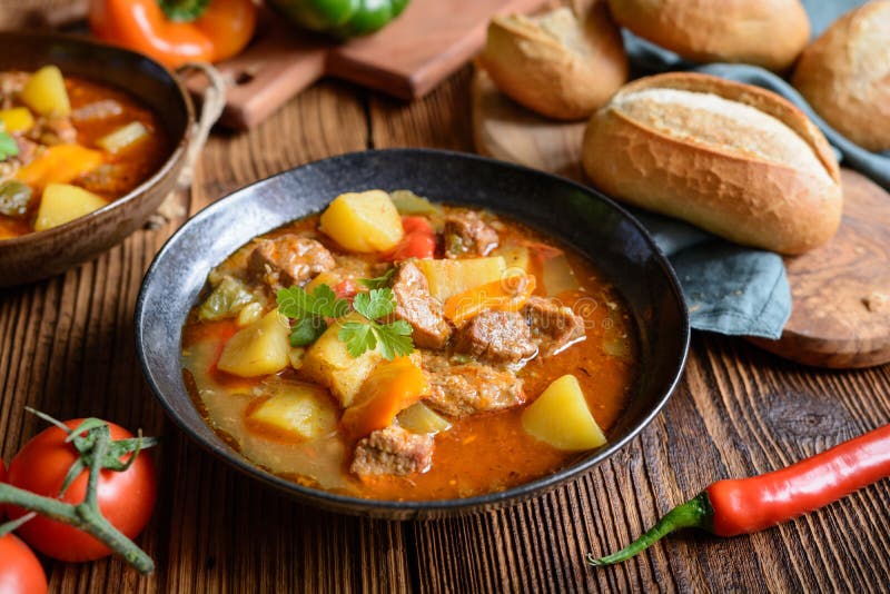 Beef and Pork Goulash with Potato and Pepper Stock Photo - Image of ...