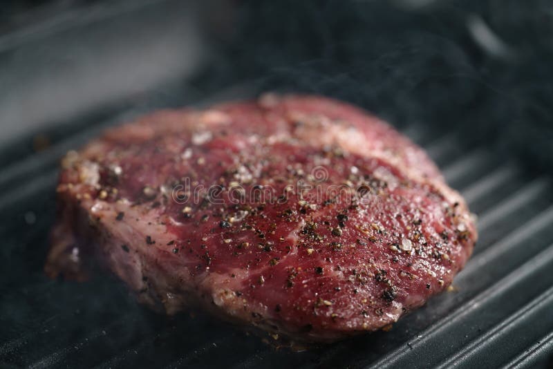 Beef Rib Eye Steak on Grill Pan Closeup Stock Photo Image of fried