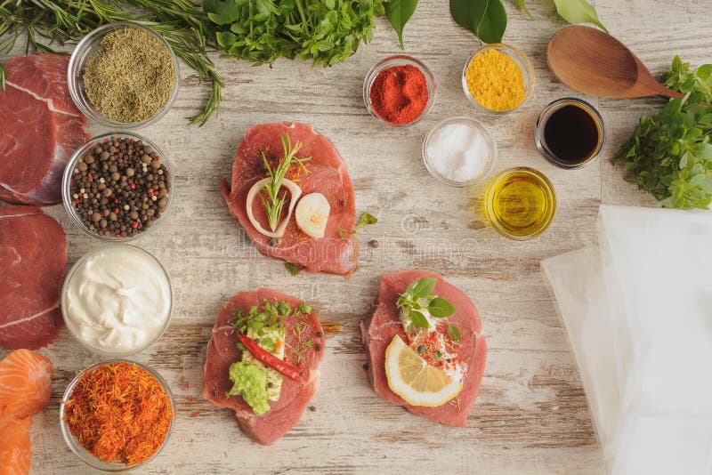 Beef, Spice, Greens and Plastic Bag for Sous Vide Cooking. Stock Image