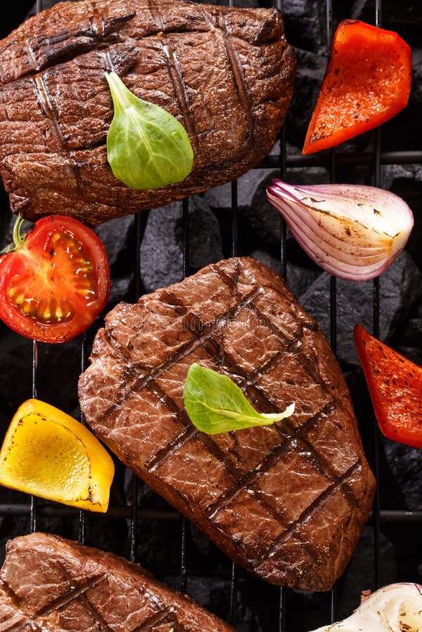 BBQ Steak. Barbecue Grilled Beef Steak Meat With Red Wine And Kn Stock