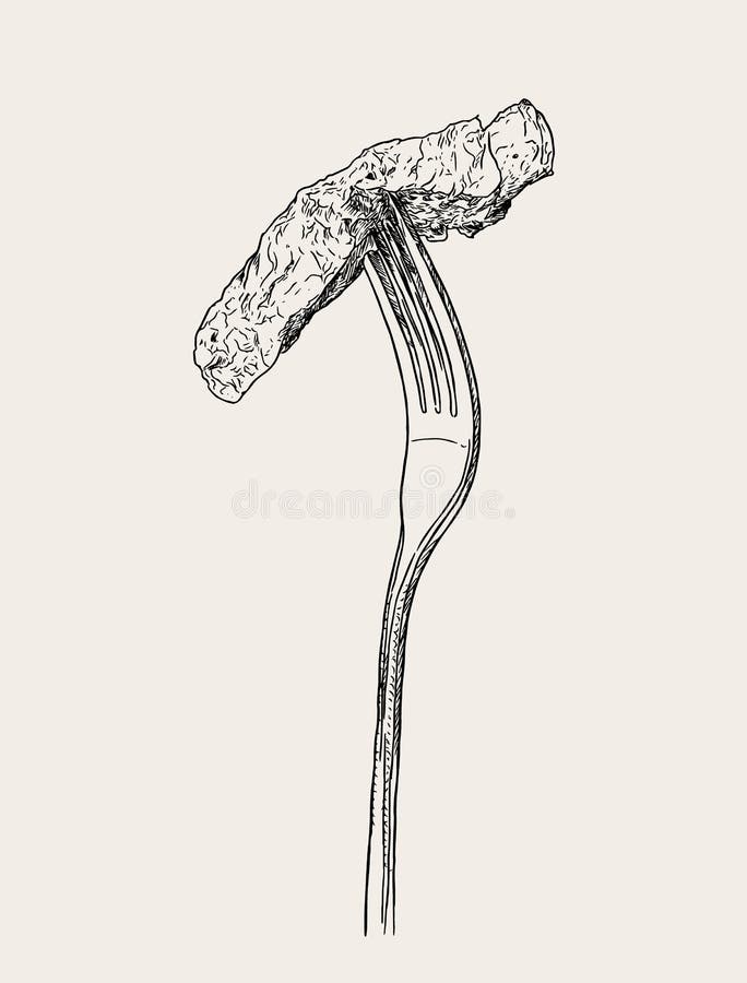 Beef Steak on Fork, Sketch Vector. Stock Vector Illustration of lamb