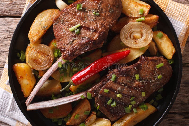 Beef steak and fried potatoes close up on a plate. horizontal to