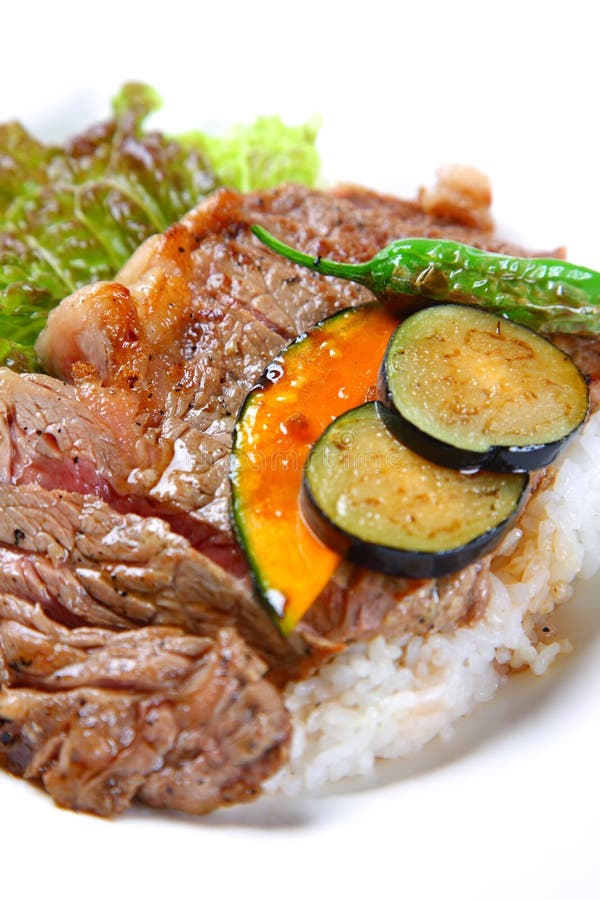 Grilled Beef Steak With Rice And Rosemary Stock Photo - Image of