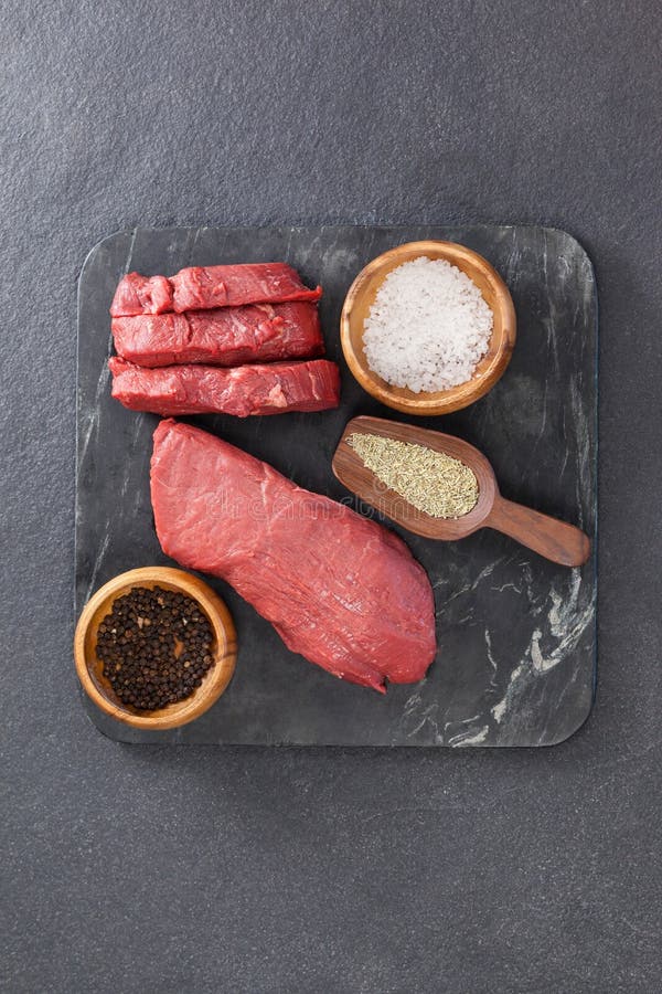 Beef Steak, Salt and Spices on Black Slate Plate Stock Image Image of