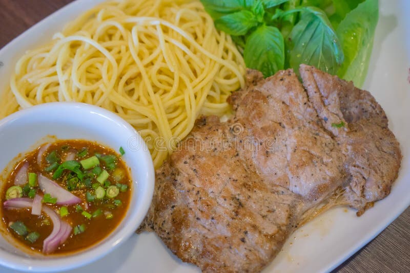 Beef Steak with Spaghetti ,Thai Chili Sauce Stock Photo Image of beef