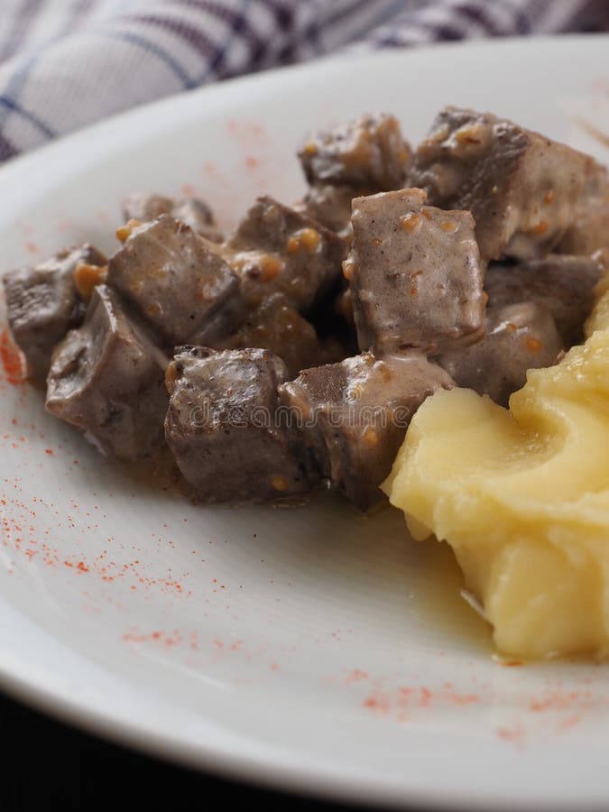 Braised Beef in Sauce and Mashed Potatoes on a White Plate Stock Image Image of meat, greens