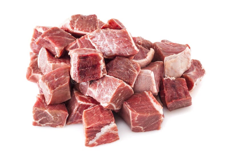Carne guisada crudo cubitos crudo cuchilla o manguito de sujeción, en blanco.