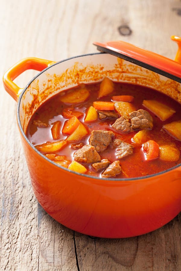 Beef Stew with Potato and Carrot in Red Casserole Stock Photo Image