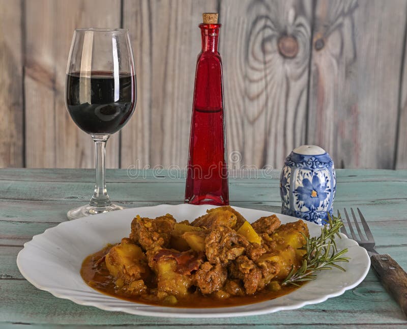 Beef Stew with Potatoes, and a Glass of Wine Stock Photo Image of