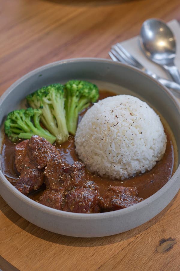 Beef Stewed in Soy Sauce with Rice. Cooked Beef Meat in Asian Style